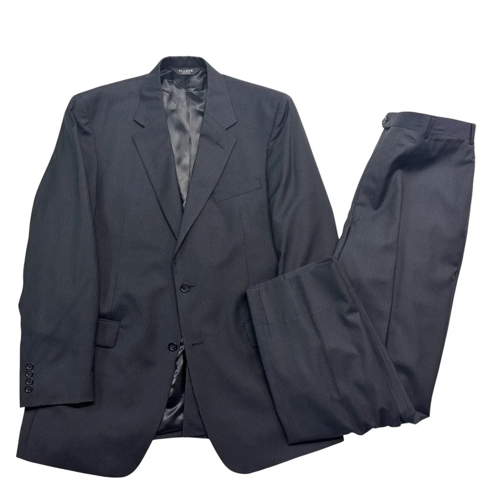 Jos A Bank 44L 38x32 Navy Blue Pinstripe 2pc Pant Suit Wool Flat Front Classic